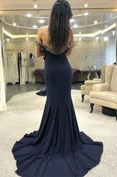Mermaid Navy Blue Long Prom Evening Dresses Appliques Off the Shoulder
